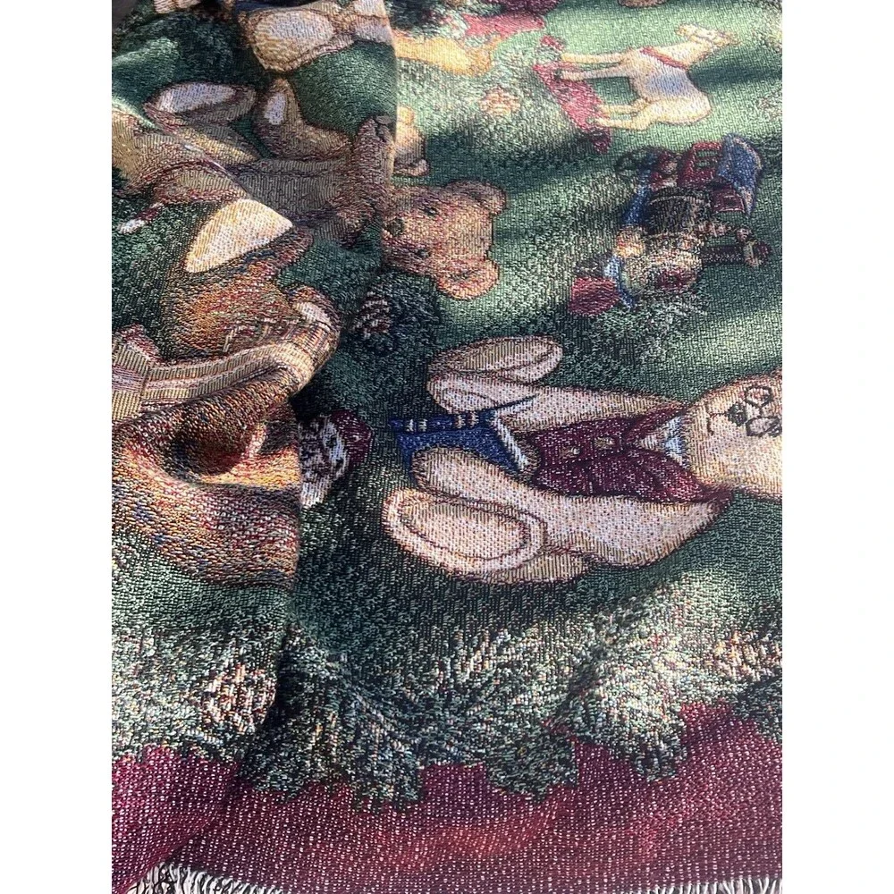 Vintage 1990s Woven Teddy Bear Throw Blanket Jacquard Fringe 52x57 Cottage Core